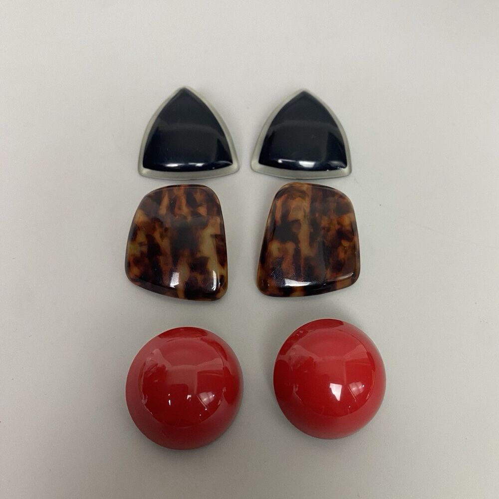 Vintage Earrings Lot 3 Pairs Napier Red Tortoise Black Lucite Pierced Stud Disco